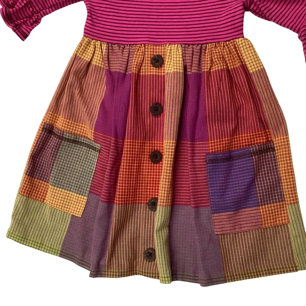 Bonnie Jean Girls 4T Mixed Media‎ Patchwork Plaid Striped Dress Ruffle Sleeve